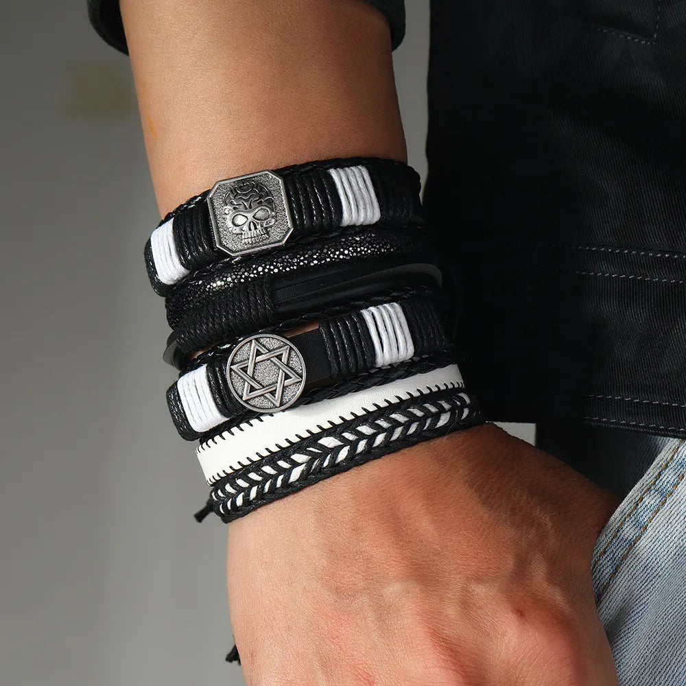 Hip-Hop Retro Streetwear Geometric Skull Pu Leather Alloy Wax Line Men'S Bracelets