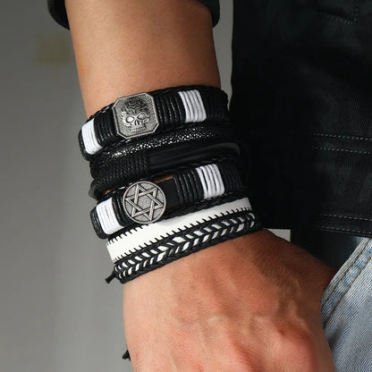 Hip-Hop Retro Streetwear Geometric Skull Pu Leather Alloy Wax Line Men'S Bracelets