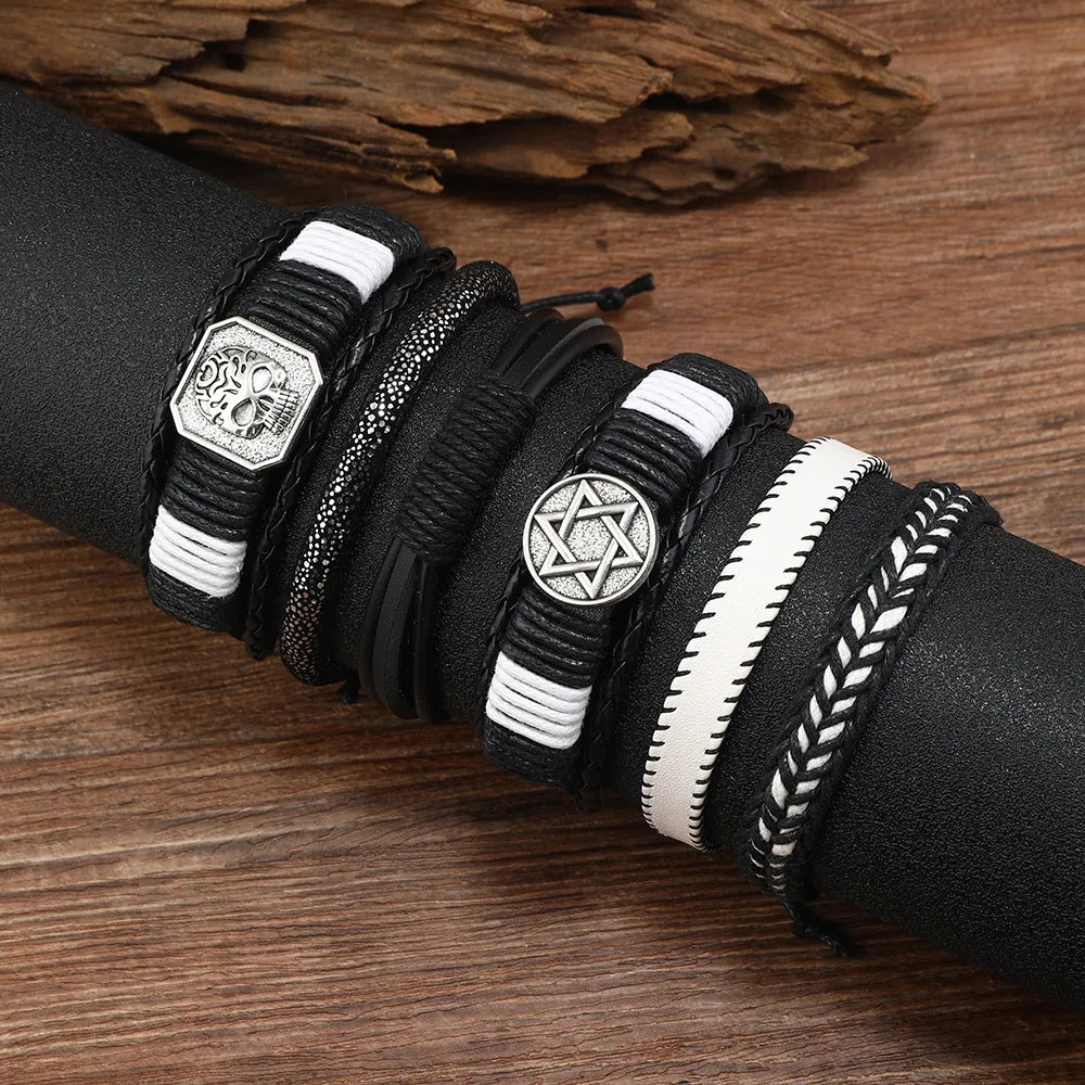 Hip-Hop Retro Streetwear Geometric Skull Pu Leather Alloy Wax Line Men'S Bracelets