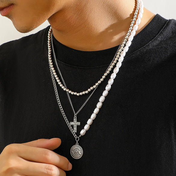 Hip-Hop Retro U Shape Imitation Pearl Alloy Plating Men'S Layered Necklaces