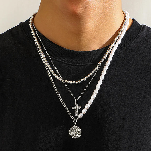 Hip-Hop Retro U Shape Imitation Pearl Alloy Plating Men'S Layered Necklaces