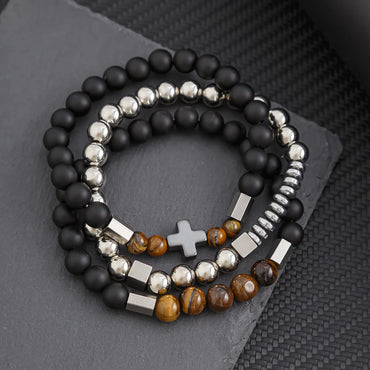 Hip-Hop Retro U Shape Natural Stone Titanium Steel Beaded Men'S Bracelets