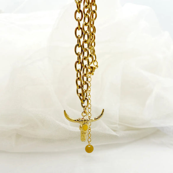 304 Stainless Steel 14K Gold Plated Hip-Hop Rock Polishing Enamel Plating Cattle Pendant Necklace