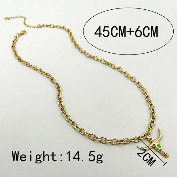 304 Stainless Steel 14K Gold Plated Hip-Hop Rock Polishing Enamel Plating Cattle Pendant Necklace