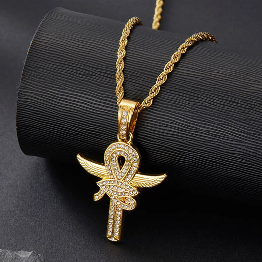 Hip-Hop Rock Cross Eye Of Horus Stainless Steel Alloy Inlay Rhinestones Unisex Pendant Necklace