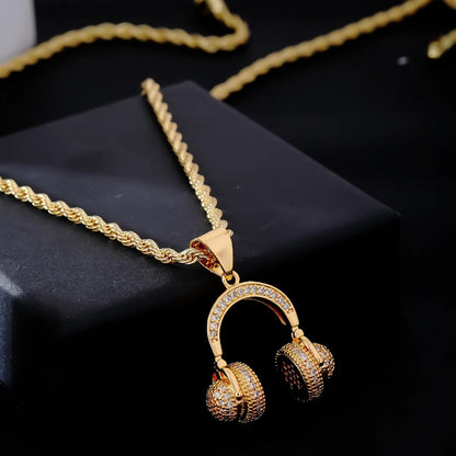 Hip-Hop Rock Earphones 304 Stainless Steel Copper Plating Inlay Rhinestones K Gold Plated Men'S Necklace Pendant