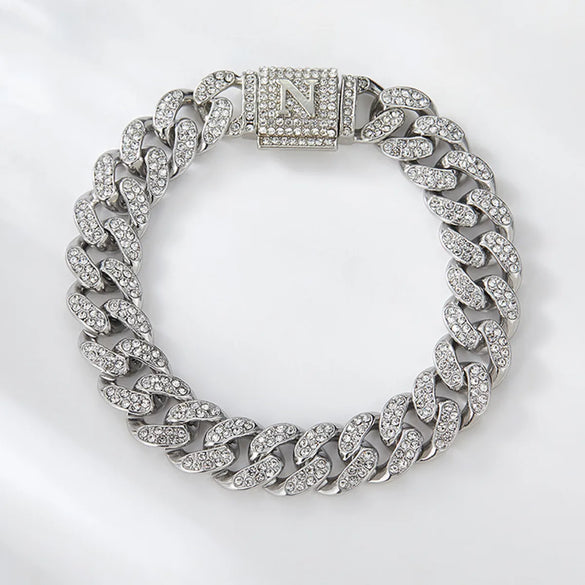 1PC A-Z Hiphop Man Personalized Name Letter Chain Bracelet Zinc Alloy Cutom Name Uppercase Letter Crown Cuba Chain Bracelets Full Diamond Heart Tennis Chain