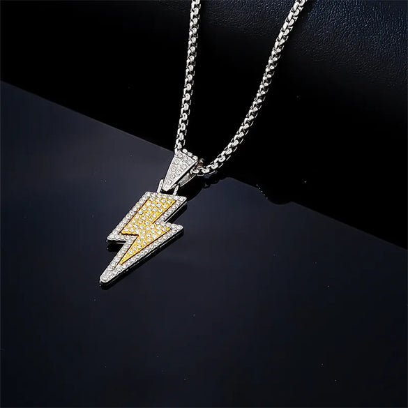 Hip-Hop Rock Lightning 304 Stainless Steel Alloy Inlay Rhinestones Rhodium Plated Unisex Pendant Necklace