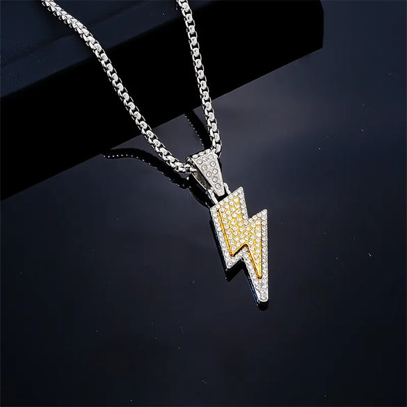 Hip-Hop Rock Lightning 304 Stainless Steel Alloy Inlay Rhinestones Rhodium Plated Unisex Pendant Necklace