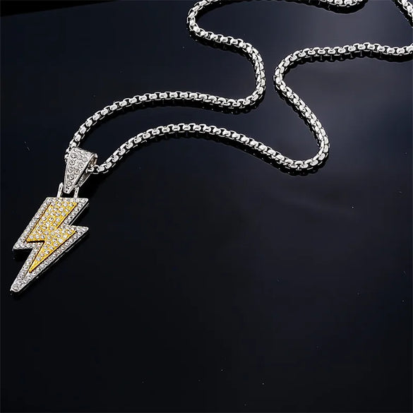 Hip-Hop Rock Lightning 304 Stainless Steel Alloy Inlay Rhinestones Rhodium Plated Unisex Pendant Necklace