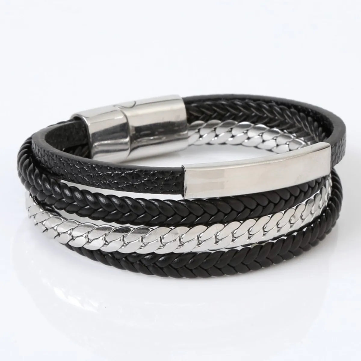 Hip-Hop Rock Simple Style Solid Color Stainless Steel Pu Leather Men'S Bangle