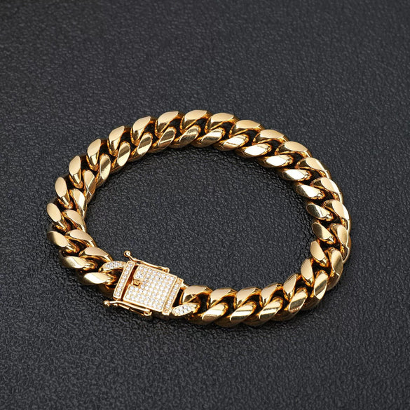 Hip Hop Rock Stainless Steel Cuban Chain Lock Necklace Bracelet With Geometric Pattern And Casting Process