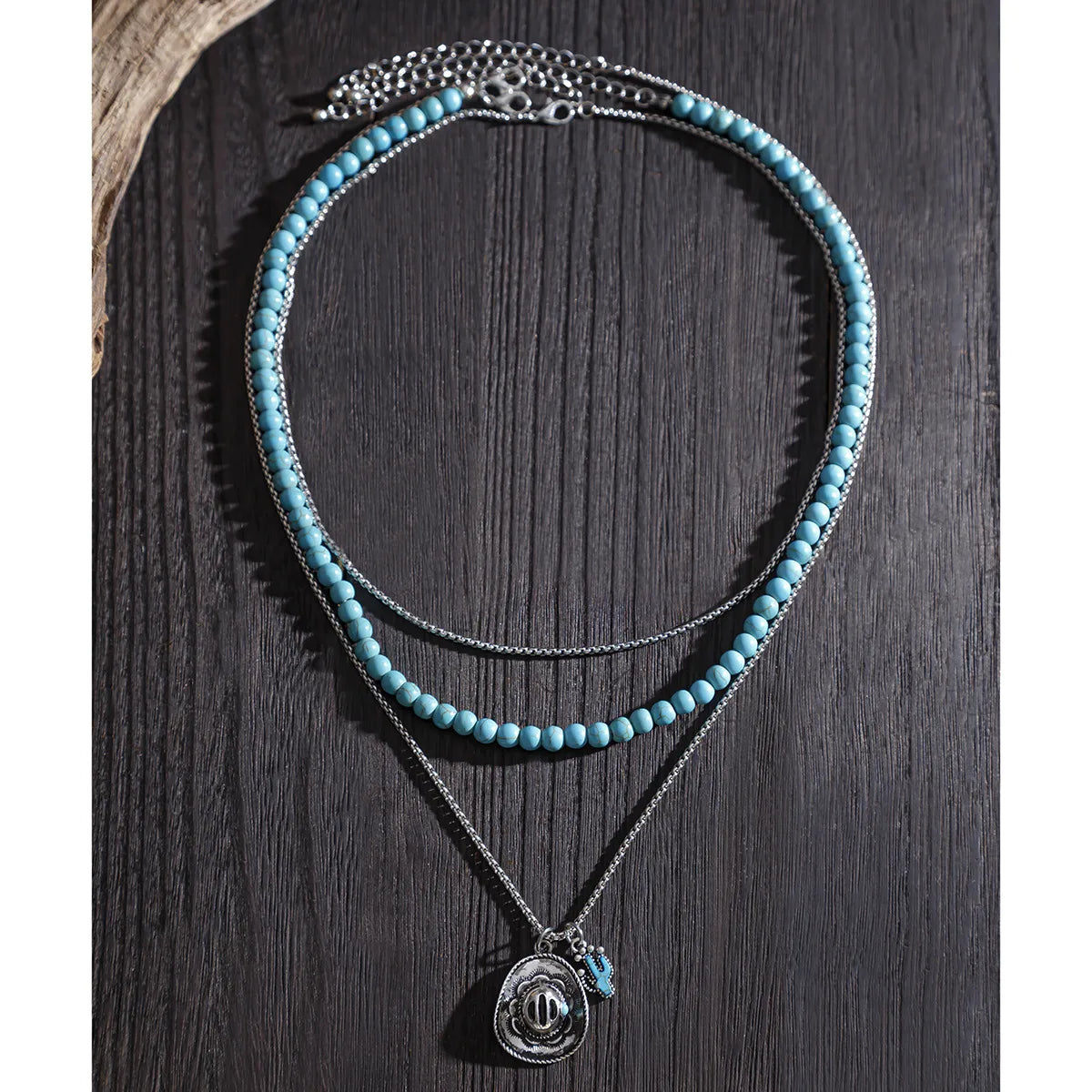 Hip-Hop Round Alloy Turquoise Iron Beaded Men'S Layered Necklaces