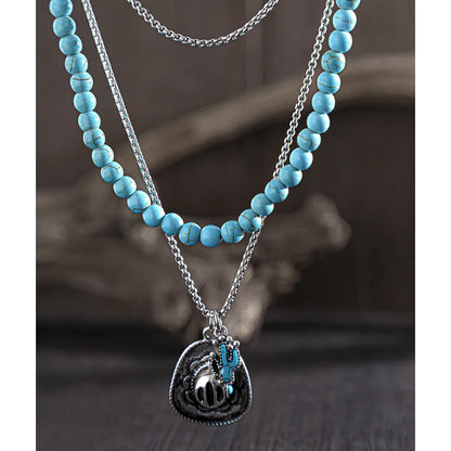 Hip-Hop Round Alloy Turquoise Iron Beaded Men'S Layered Necklaces