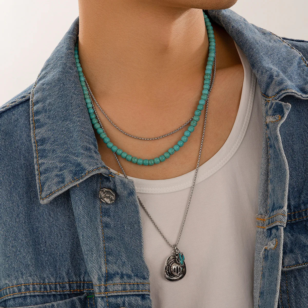 Hip-Hop Round Alloy Turquoise Iron Beaded Men'S Layered Necklaces