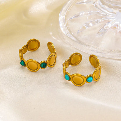 304 Stainless Steel 18K Gold Plated Hip-Hop Plating Inlay Round Natural Stone Turquoise Open Rings