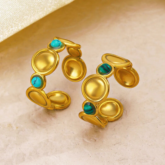 304 Stainless Steel 18K Gold Plated Hip-Hop Plating Inlay Round Natural Stone Turquoise Open Rings