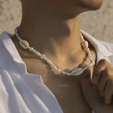 Hip-Hop Shell Arylic Imitation Pearl Shell Beaded Men'S Necklace