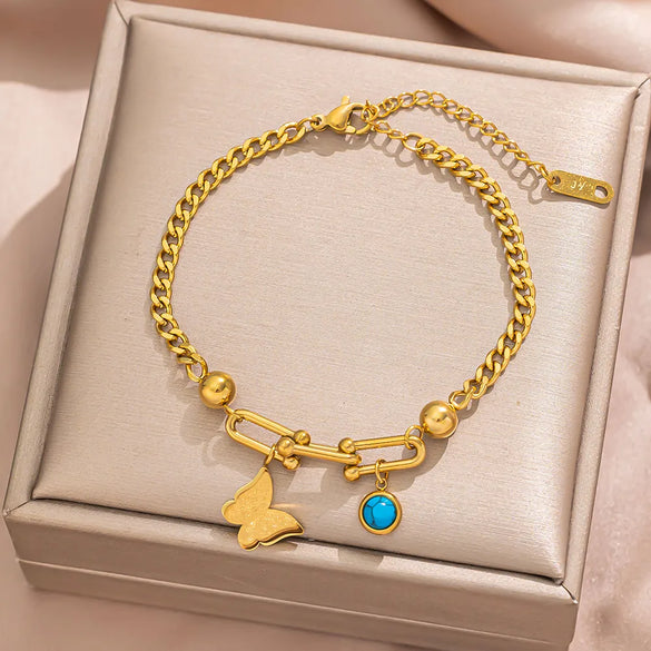 Hip-Hop Simple Style Four Leaf Clover Heart Shape Butterfly Titanium Steel Turquoise Shell Bracelets In Bulk