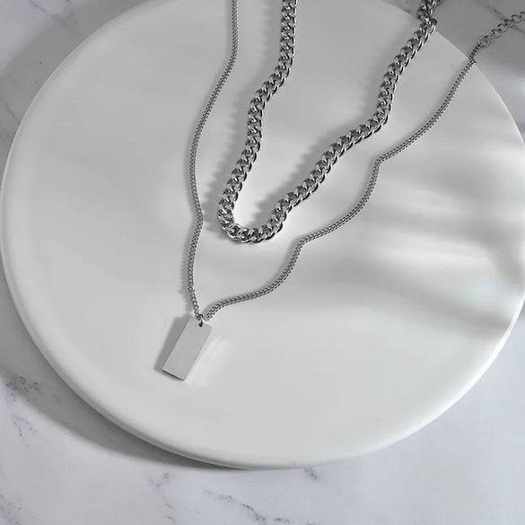 Hip-Hop Simple Style Geometric Alloy Titanium Steel Plating Men'S Double Layer Necklaces Men Pendant Necklaces