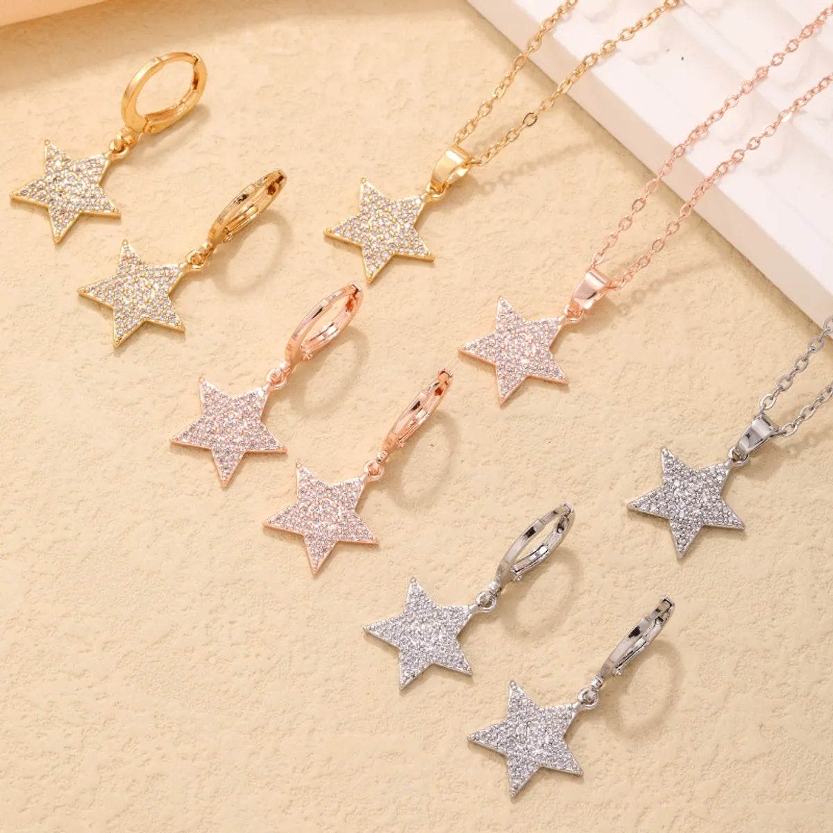 Hip-hop Simple Style Pentagram Copper Rose Gold Plated White Gold Plated Gold Plated Zircon Jewelry Set In Bulk