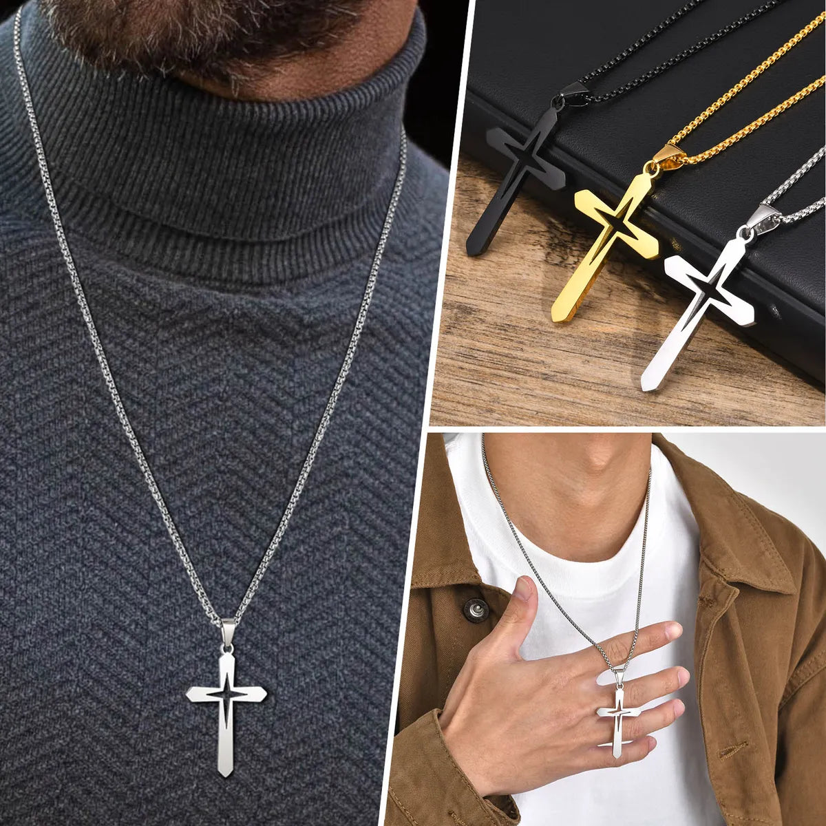 Hip-Hop Simple Style Streetwear Cross Stainless Steel Hollow Out 18K Gold Plated Men's Pendant Necklace