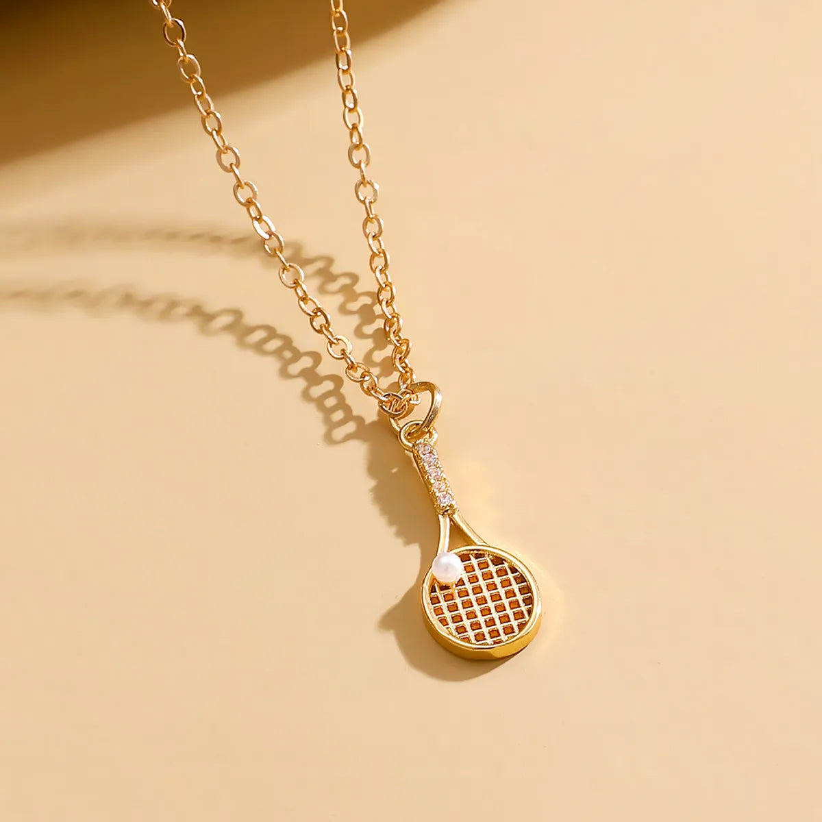 Hip-Hop Simple Style Tennis Racket Copper 14k Gold Plated Zircon Pendant Necklace In Bulk