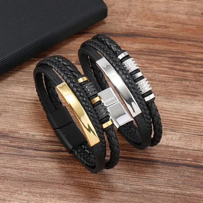 Hip-Hop Solid Color 304 Stainless Steel Pu Leather Men'S Bangle