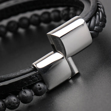 Hip-Hop Solid Color Stainless Steel Pu Leather Volcanic Rock Braid Men'S Bracelets