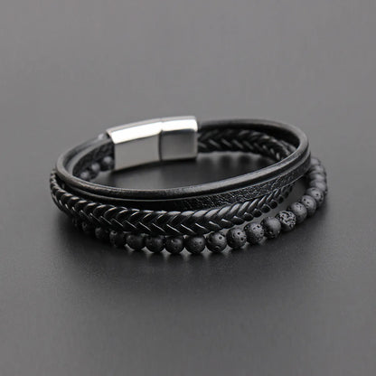 Hip-Hop Solid Color Stainless Steel Pu Leather Volcanic Rock Braid Men'S Bracelets