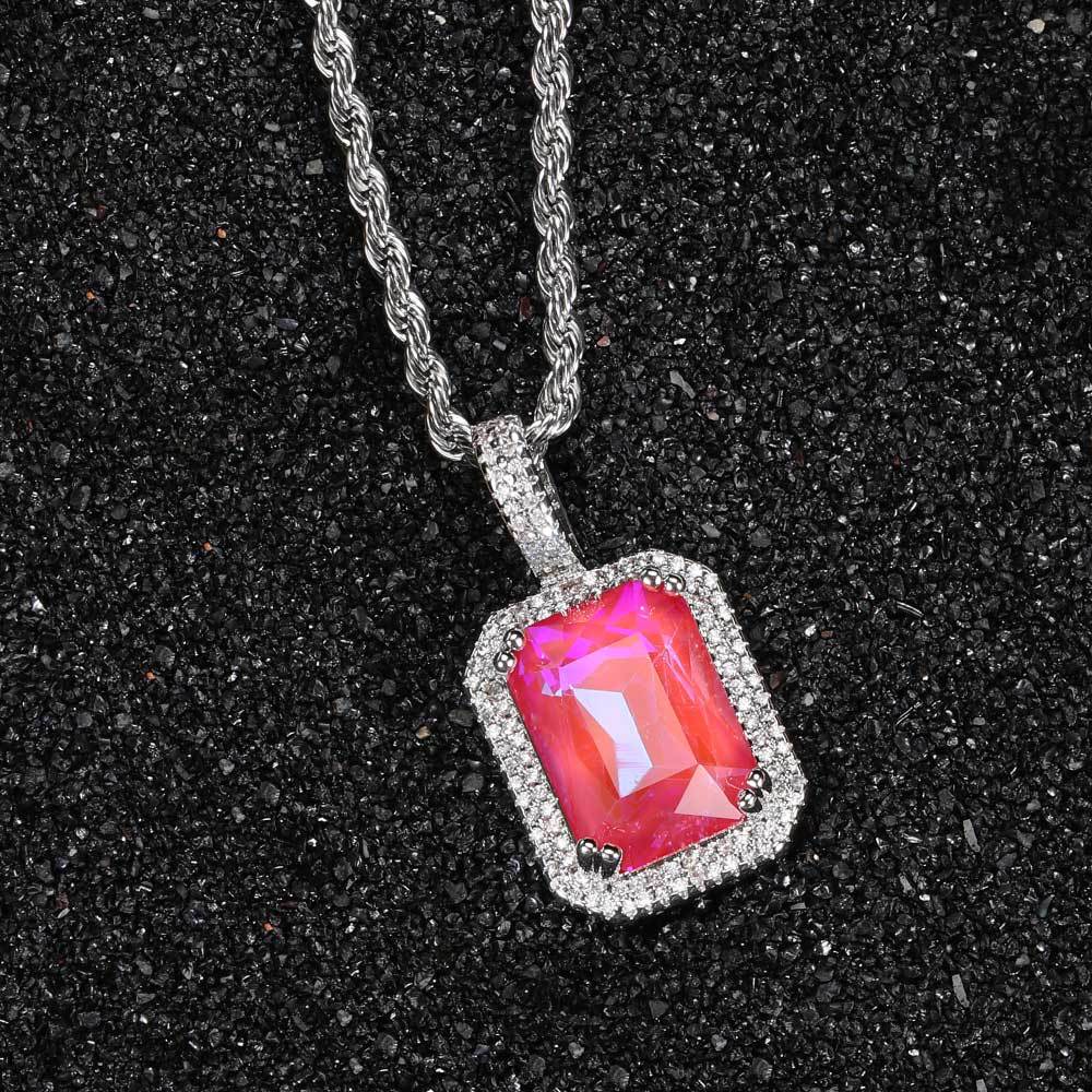 Hip-Hop Square Copper Inlay Zircon Pendant Necklace