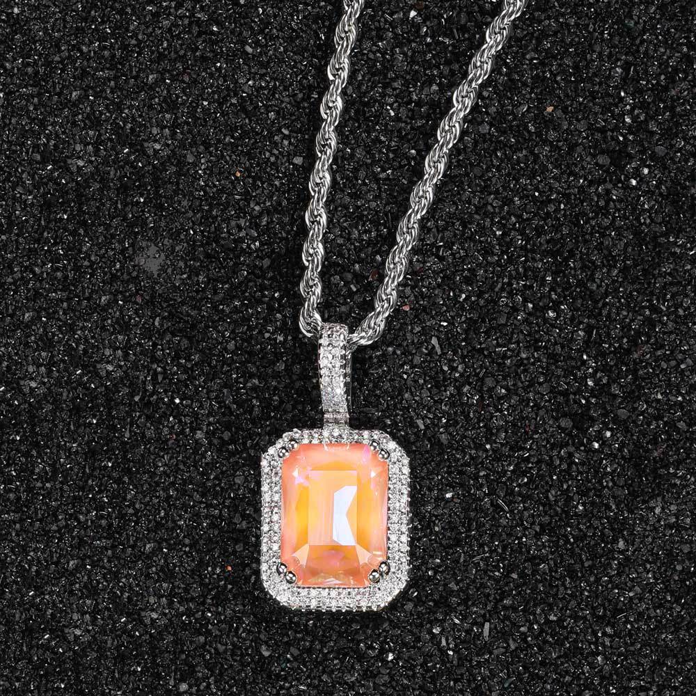 Hip-Hop Square Copper Inlay Zircon Pendant Necklace