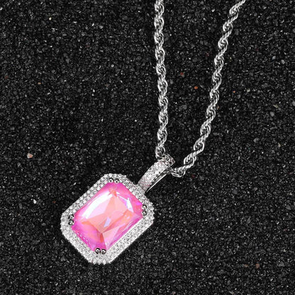 Hip-Hop Square Copper Inlay Zircon Pendant Necklace