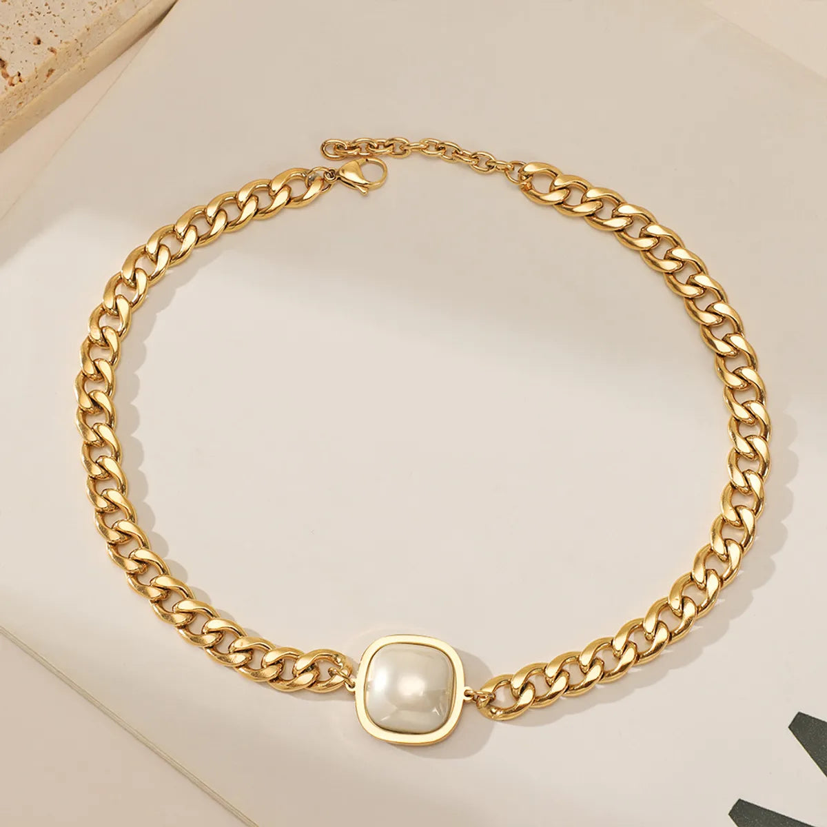 Hip-hop Square Stainless Steel Gold Plated Artificial Pearls Necklace