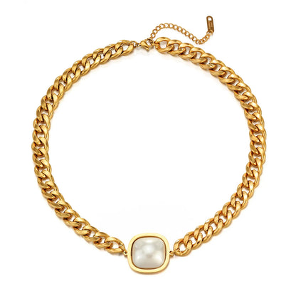 Hip-hop Square Stainless Steel Gold Plated Artificial Pearls Necklace