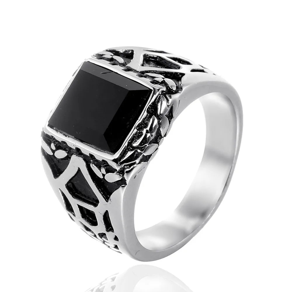 Hip-Hop Square Stainless Steel Polishing Inlay Artificial Gemstones None Unisex Rings