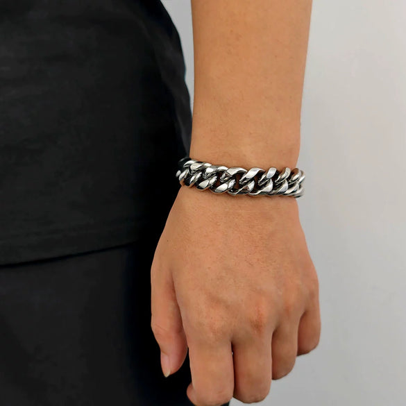 Hip Hop Stainless Steel Geometric Cuban Bracelet With Spring Buckle And Round Grinding Electroplating For Unisex
