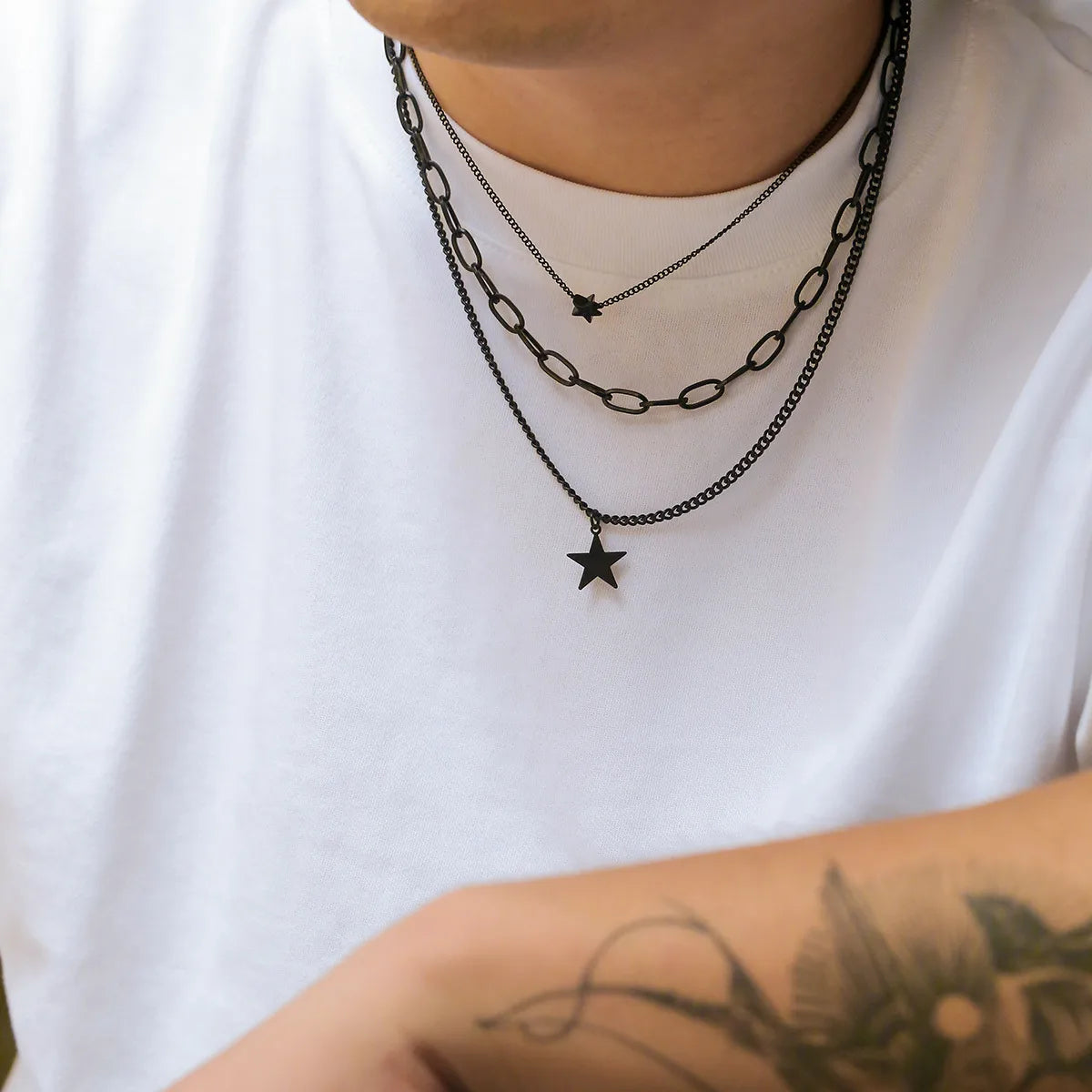 Hip-Hop Streetwear Star Alloy Iron Men'S Three Layer Necklace