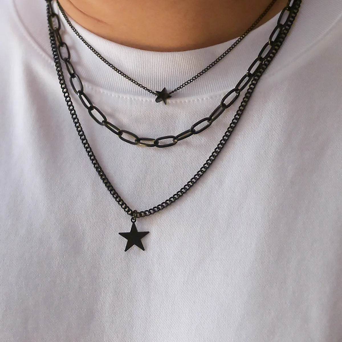 Hip-Hop Streetwear Star Alloy Iron Men'S Three Layer Necklace