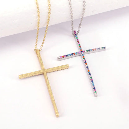 Hip Hop Style Cross Copper Inlaid Color Zircon Pendant Necklace