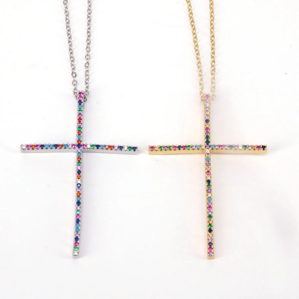 Hip Hop Style Cross Copper Inlaid Color Zircon Pendant Necklace