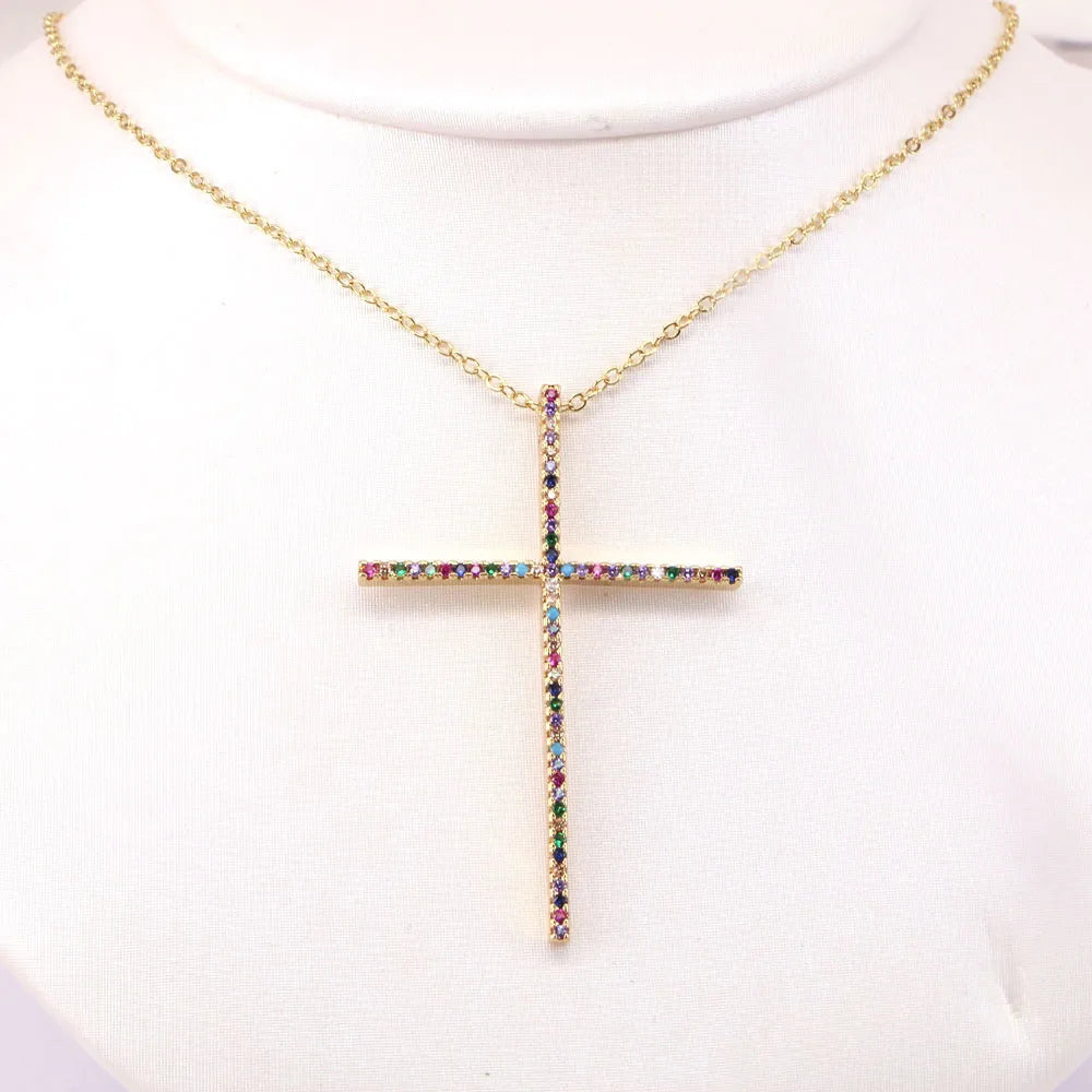 Hip Hop Style Cross Copper Inlaid Color Zircon Pendant Necklace