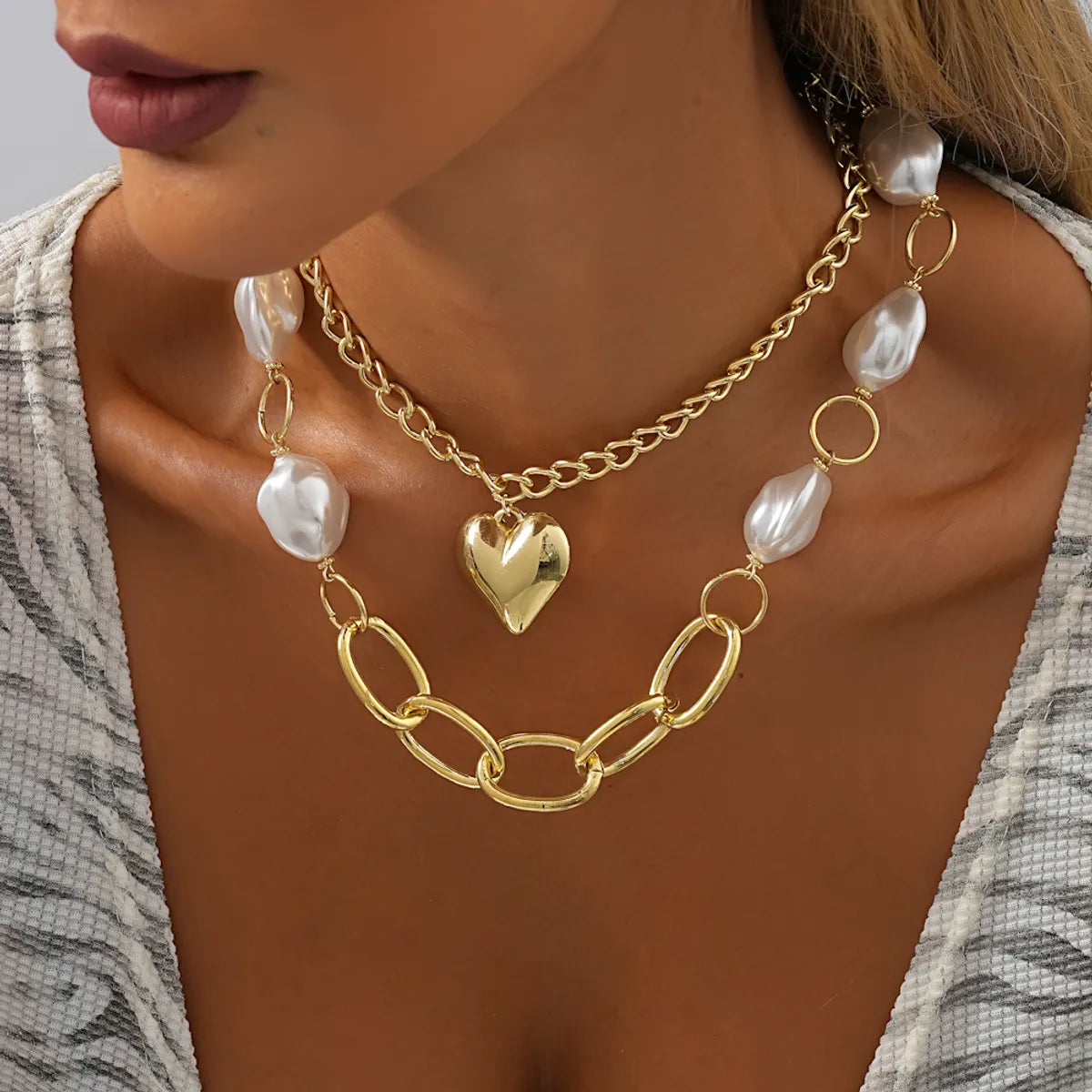 Hip-hop Sweet Heart Shape Imitation Pearl Layered Plating Women's Layered Necklaces