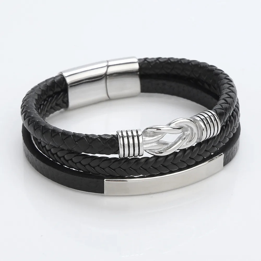 Hip-Hop Twist Stainless Steel Pu Leather Men'S Bangle