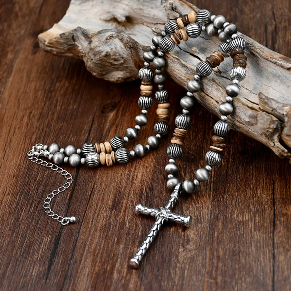 Hip-Hop Vintage Style Handmade Cross Stainless Steel Alloy Plastic Beaded Handmade Silver Plated Men'S Pendant Necklace