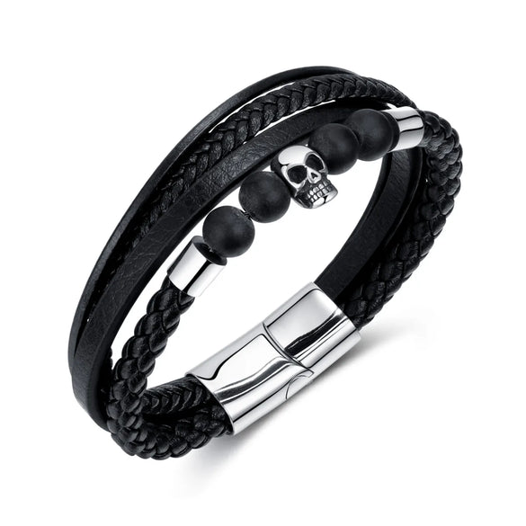 Hip-Hop Vintage Style Skull Stainless Steel Pu Leather Braid Men'S Bracelets