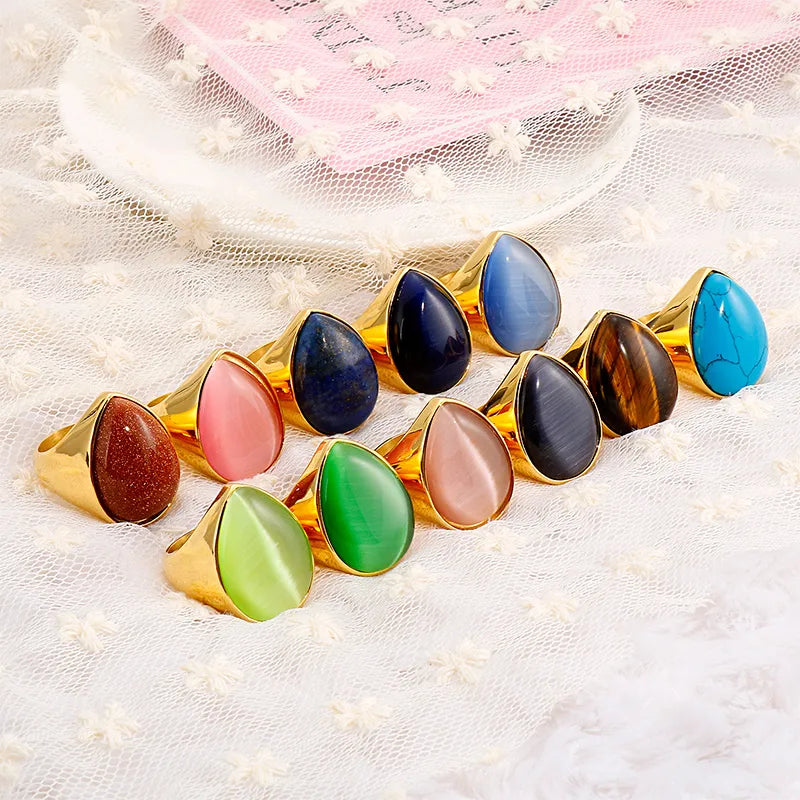 Titanium Steel 18K Gold Plated Hip-Hop Plating Inlay Water Droplets Natural Stone Rings