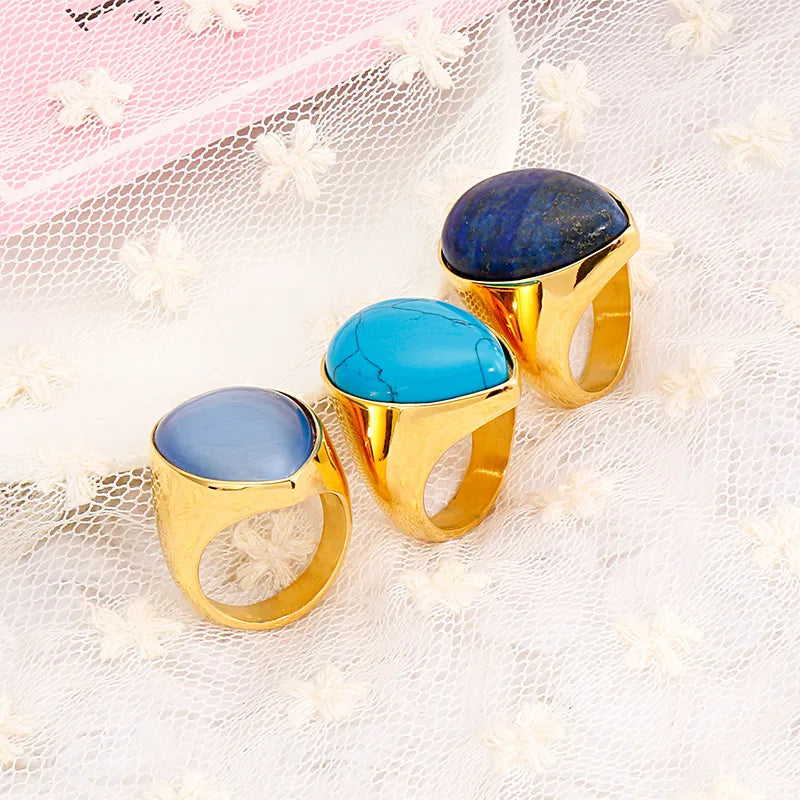 Titanium Steel 18K Gold Plated Hip-Hop Plating Inlay Water Droplets Natural Stone Rings