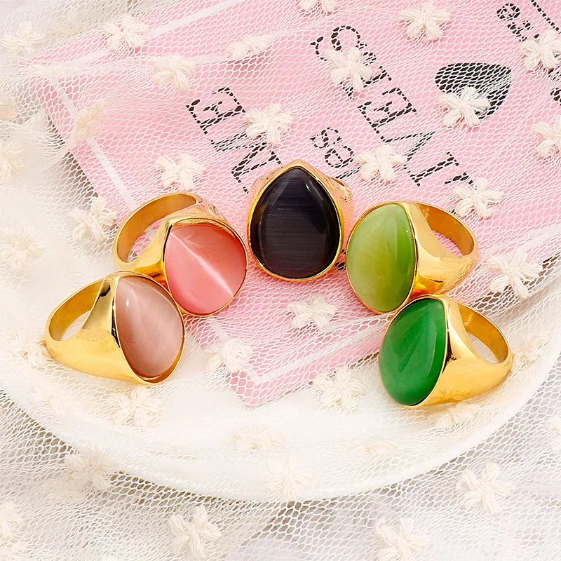 Titanium Steel 18K Gold Plated Hip-Hop Plating Inlay Water Droplets Natural Stone Rings