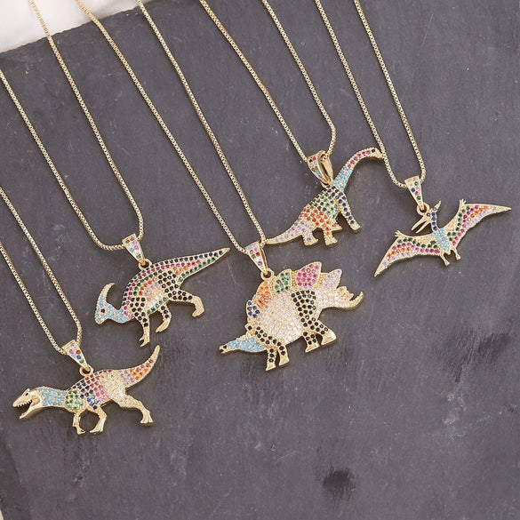 Hiphop Dinosaur Pendant Zircon Necklace Copper Electroplated